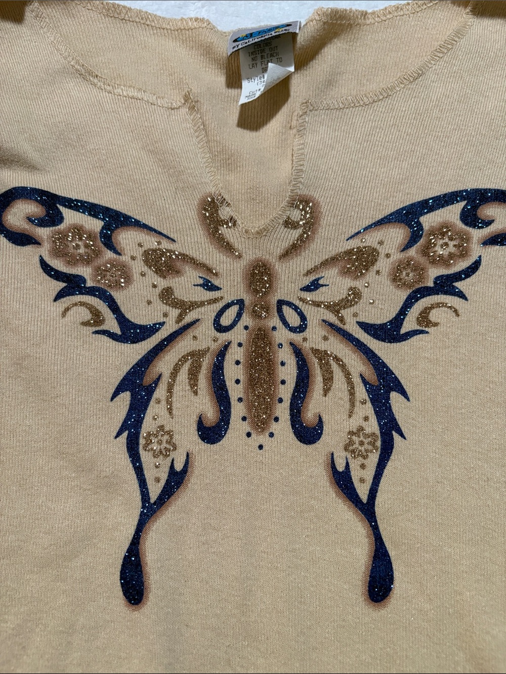 California Blue y2k size medium beige blue 90s usa Embellished Butterfly Detail